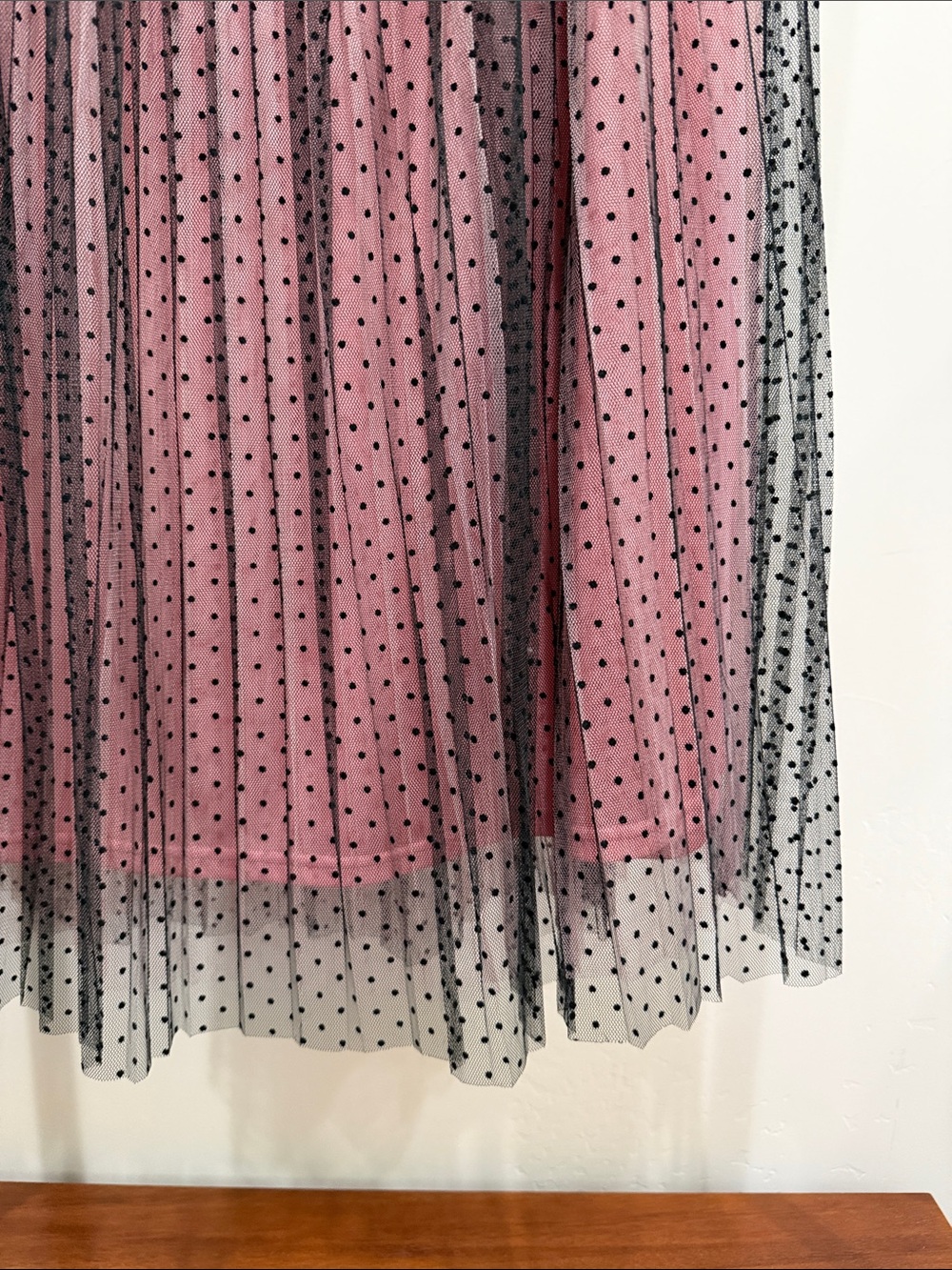 Zara Pink Lined Midi Skirt with Black Polka Dot Overlay - Picture 5 of 7
